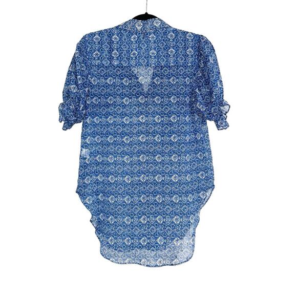Misa Los Angeles Lara High Low Blue Printed Chiffon Button Down Top SMALL - Picture 4 of 8